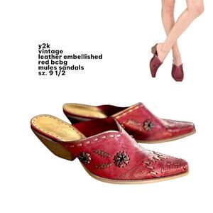 y2k vtg. red Leather embellished bcbg mules sandals sz. 9 1/2.
